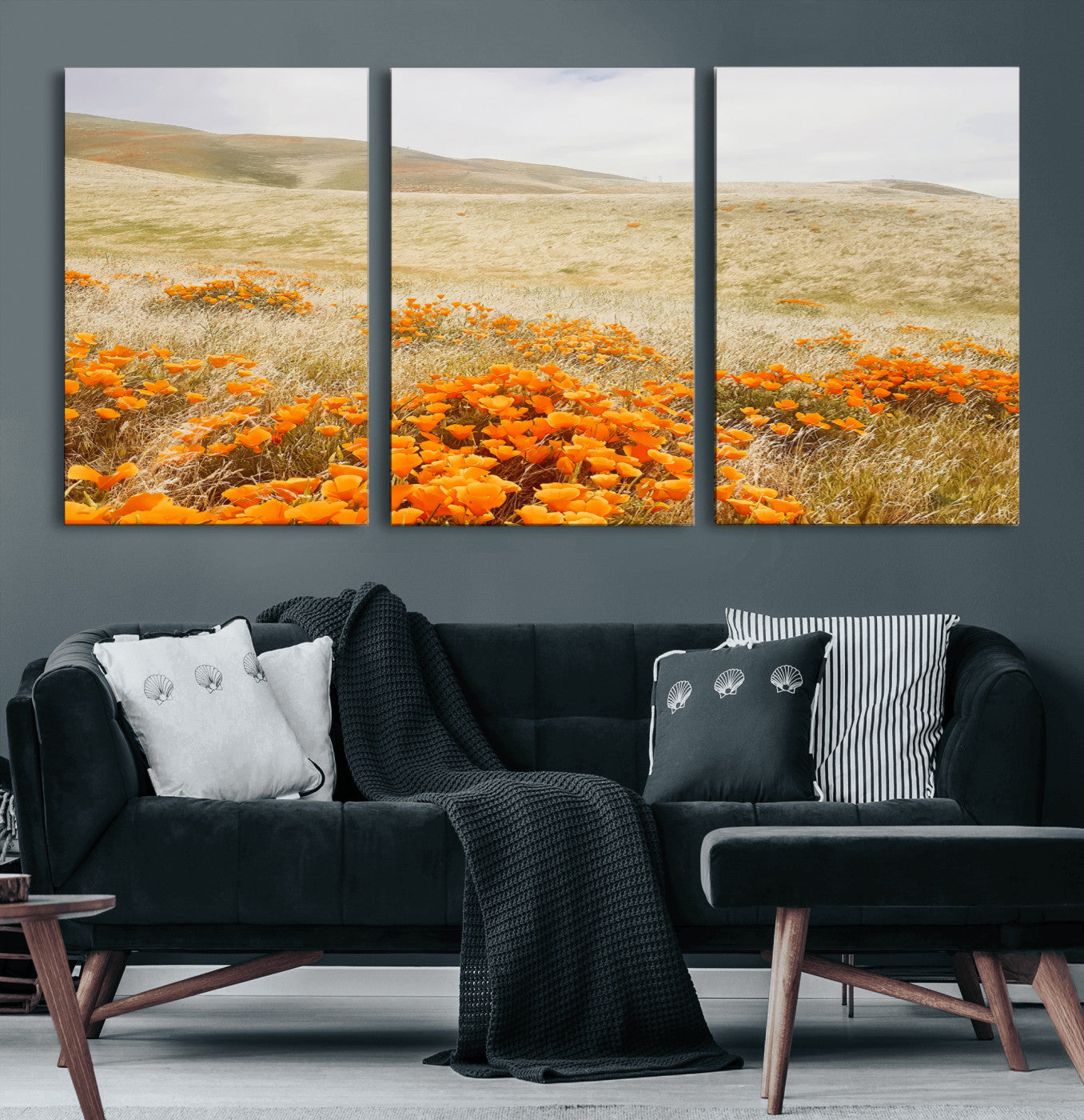 28972262-MGV-CV-60X30-3P-Golden Wildflowers Wall Art Canvas Print, Framed Hills Bloom Art Picture Print, Poppy Meadow Perfect Rustic Nature Decor Artwork