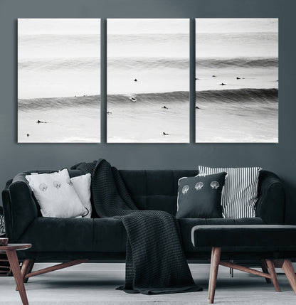 54291445-MGV-CV-36X24-Black White Ocean Wall Art Canvas Print, Framed Coastal Sport Art Picture Print, Ocean Culture Perfect Minimalist Coastal Decor