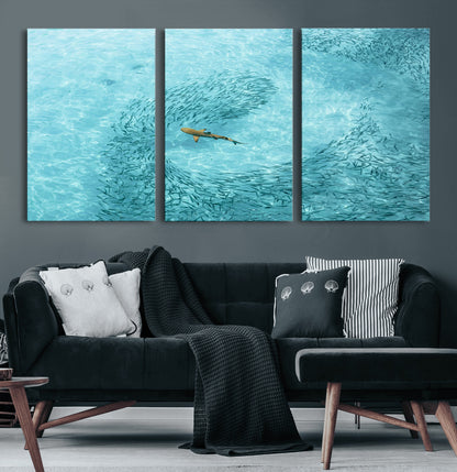 43671474-MGV-CV-36X24-Fish Swarm Wall Art Canvas Print, Framed Marine Life Art Picture Print, Shark Aerial Perfect Wildlife Coastal Decor Artwork