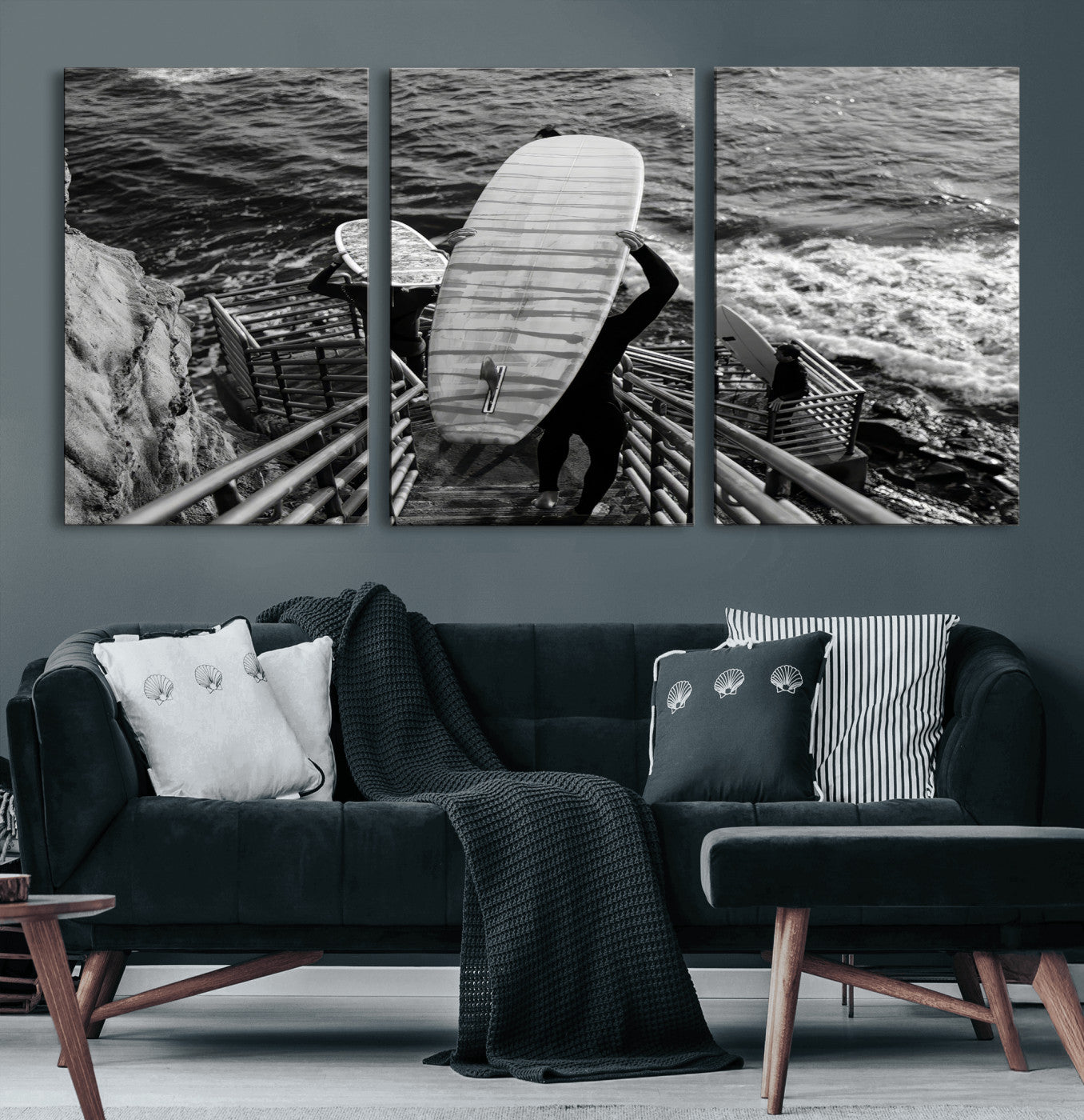 32353707-MGV-CV-60X30-3P-Black White Surfing Wall Art Canvas Print, Framed Coastal Surfing Art Picture Print, Wave Riders Perfect Coastal Adventure Decor