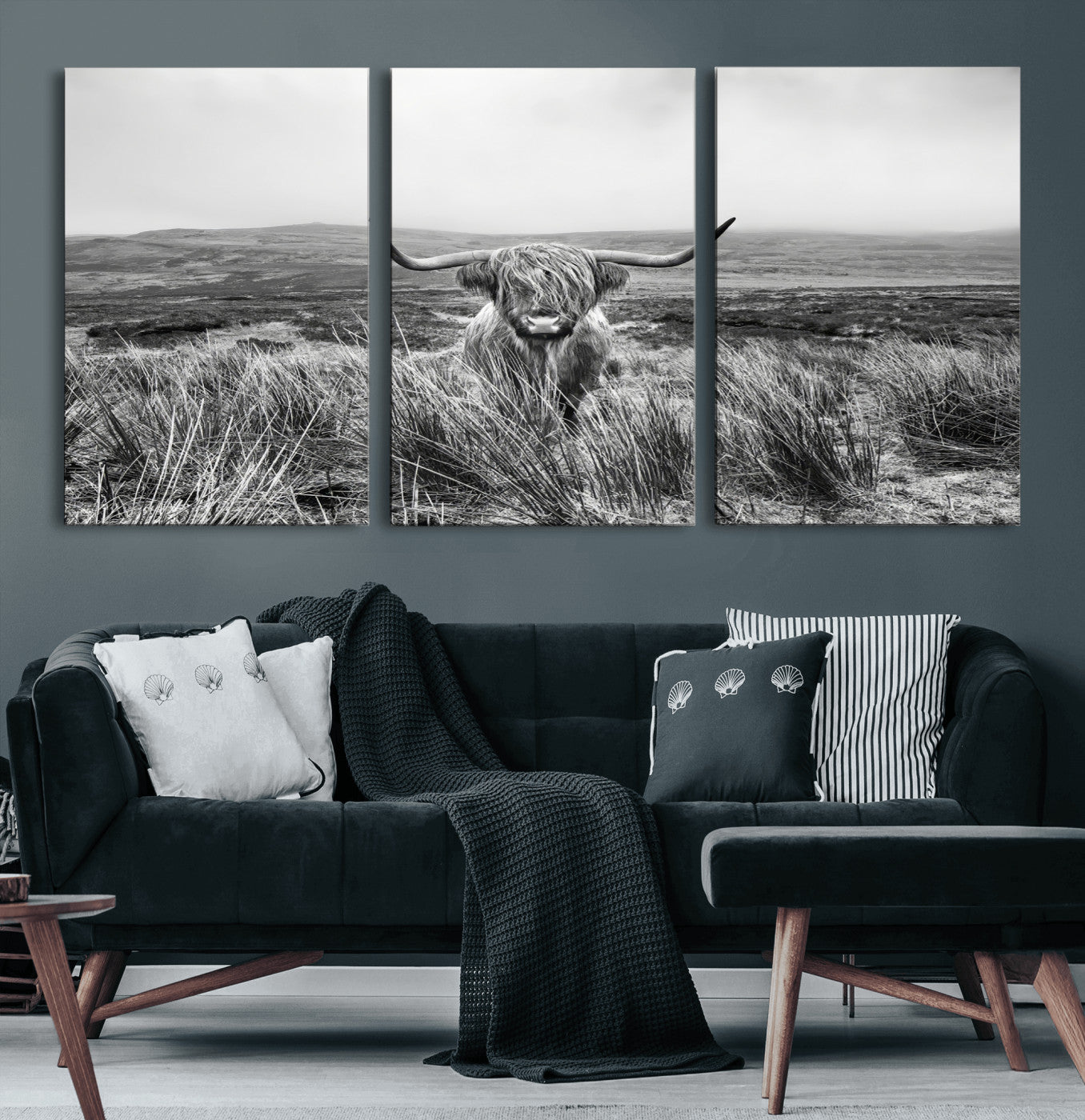 24051061-MGV-CV-36X24-Monochrome Highland Cow Wall Art Canvas Print, Framed Scottish Bull Art Picture Print, Lone Cattle Perfect Rustic Farmhouse Decor