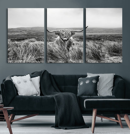 24051061-MGV-CV-36X24-Monochrome Highland Cow Wall Art Canvas Print, Framed Scottish Bull Art Picture Print, Lone Cattle Perfect Rustic Farmhouse Decor