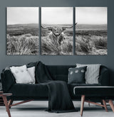 24051061-MGV-CV-60X30-3P-Monochrome Highland Cow Wall Art Canvas Print, Framed Scottish Bull Art Picture Print, Lone Cattle Perfect Rustic Farmhouse Decor