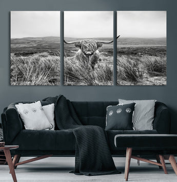 24051061-MGV-CV-60X30-3P-Monochrome Highland Cow Wall Art Canvas Print, Framed Scottish Bull Art Picture Print, Lone Cattle Perfect Rustic Farmhouse Decor