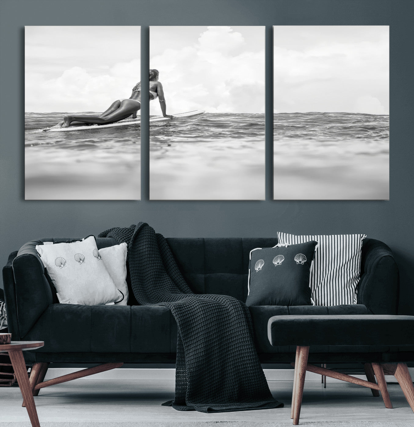 69798068-MGV-CV-36X24-Black White Surfing Wall Art Canvas Print, Framed Ocean Horizon Art Picture Print, Surfer Girl Perfect Coastal Adventure Decor