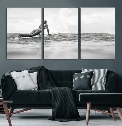 69798068-MGV-CV-36X24-Black White Surfing Wall Art Canvas Print, Framed Ocean Horizon Art Picture Print, Surfer Girl Perfect Coastal Adventure Decor