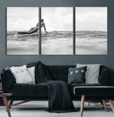 69798068-MGV-CV-60X30-3P-Black White Surfing Wall Art Canvas Print, Framed Ocean Horizon Art Picture Print, Surfer Girl Perfect Coastal Adventure Decor