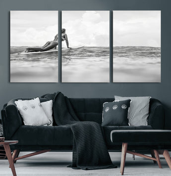 69798068-MGV-CV-60X30-3P-Black White Surfing Wall Art Canvas Print, Framed Ocean Horizon Art Picture Print, Surfer Girl Perfect Coastal Adventure Decor