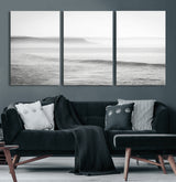60635783-MGV-CV-36X24-Black White Seascape Wall Art Canvas Print, Framed Ocean Waves Art Picture Print, Misty Coastal Perfect Minimalist Coastal Decor