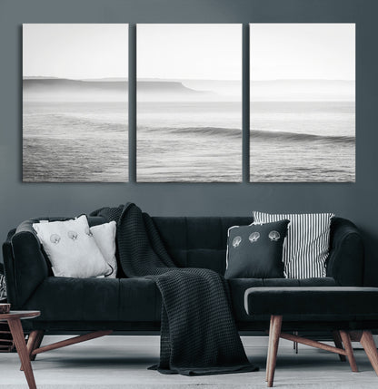 60635783-MGV-CV-36X24-Black White Seascape Wall Art Canvas Print, Framed Ocean Waves Art Picture Print, Misty Coastal Perfect Minimalist Coastal Decor