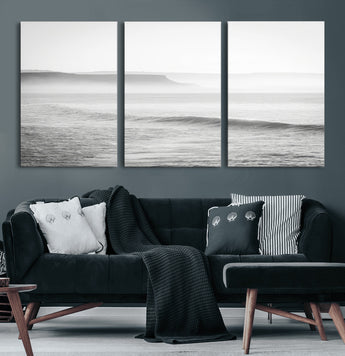 60635783-MGV-CV-36X24-Black White Seascape Wall Art Canvas Print, Framed Ocean Waves Art Picture Print, Misty Coastal Perfect Minimalist Coastal Decor