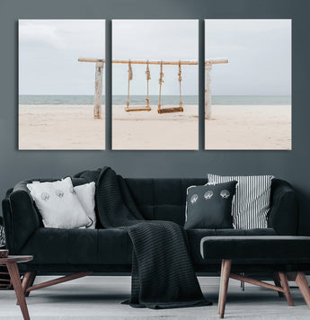 68327283-MGV-CV-60X30-3P-Beach Swing Wall Art Canvas Print, Framed Quiet Beach Art Picture Print, Calm Shoreline Perfect Bohemian Coastal Decor Artwork