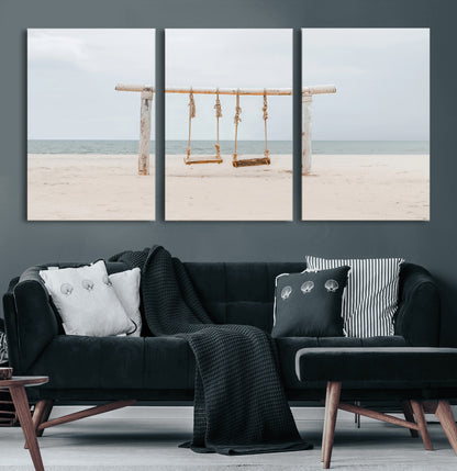 68327283-MGV-CV-60X30-3P-Beach Swing Wall Art Canvas Print, Framed Quiet Beach Art Picture Print, Calm Shoreline Perfect Bohemian Coastal Decor Artwork