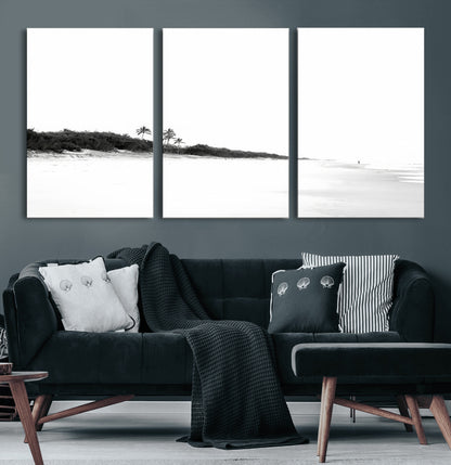 29611516-MGV-CV-36X24-Black White Beach Wall Art Canvas Print, Framed Palm Trees Art Picture Print, Monochrome Tropical Perfect Minimalist Coastal Decor