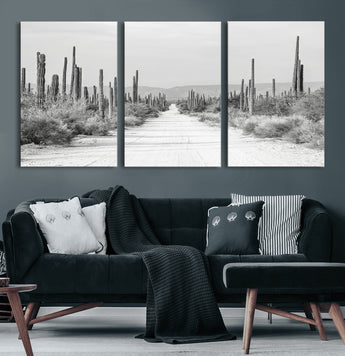 35537313-MGV-CV-60X30-3P-Monochrome Desert Wall Art Canvas Print, Framed Cactus Path Art Picture Print, Southwestern Landscape Perfect Southwestern