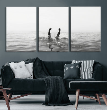 26667396-MGV-CV-36X24-Black White Ocean Wall Art Canvas Print, Framed Monochrome Water Art Picture Print, Diving into Water Perfect Minimalist Aquatic