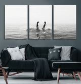 26667396-MGV-CV-60X30-3P-Black White Ocean Wall Art Canvas Print, Framed Monochrome Water Art Picture Print, Diving into Water Perfect Minimalist Aquatic
