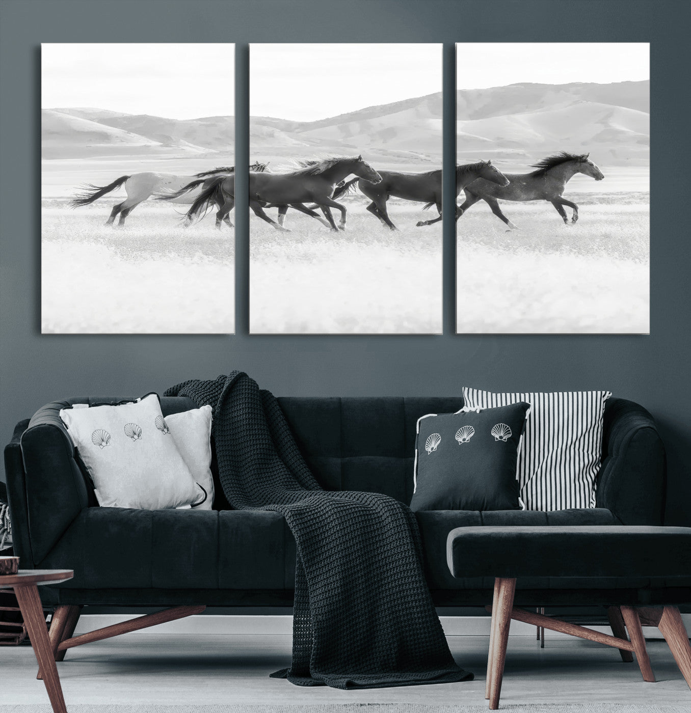 69934913-MGV-CV-60X30-3P-Wild Horses Running Wall Art Canvas Print, Framed Black White Mustangs Art Picture Print, Rustic Western Perfect Rustic Western