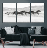 69934913-MGV-CV-60X30-3P-Wild Horses Running Wall Art Canvas Print, Framed Black White Mustangs Art Picture Print, Rustic Western Perfect Rustic Western