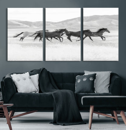 69934913-MGV-CV-60X30-3P-Wild Horses Running Wall Art Canvas Print, Framed Black White Mustangs Art Picture Print, Rustic Western Perfect Rustic Western