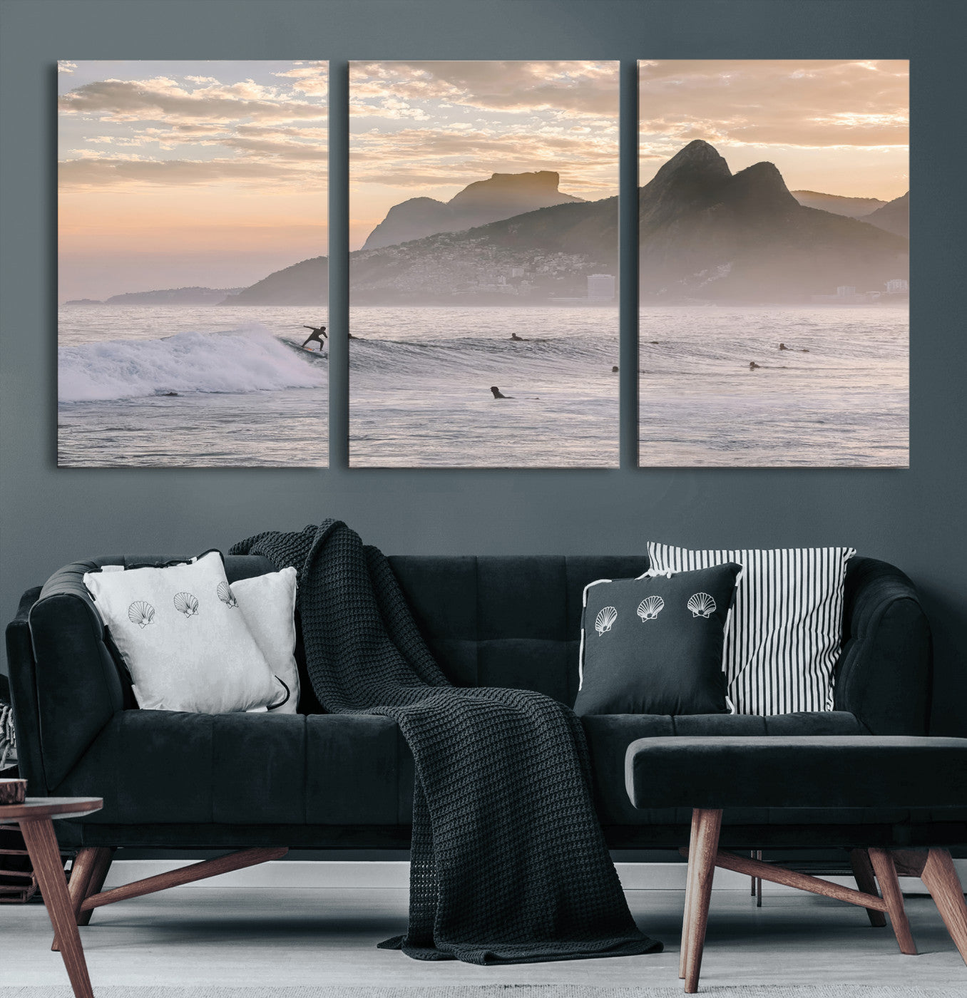 70644906-MGV-CV-36X24-Sunset Surfing Wall Art Canvas Print, Framed Misty Mountains Art Picture Print, Surfer Riding Wave Perfect Coastal Adventure Decor