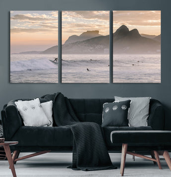 70644906-MGV-CV-36X24-Sunset Surfing Wall Art Canvas Print, Framed Misty Mountains Art Picture Print, Surfer Riding Wave Perfect Coastal Adventure Decor