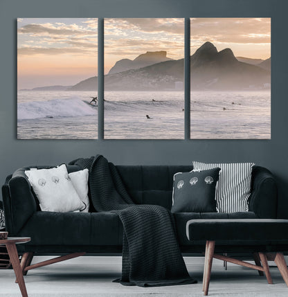 70644906-MGV-CV-36X24-Sunset Surfing Wall Art Canvas Print, Framed Misty Mountains Art Picture Print, Surfer Riding Wave Perfect Coastal Adventure Decor