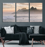 70644906-MGV-CV-60X30-3P-Sunset Surfing Wall Art Canvas Print, Framed Misty Mountains Art Picture Print, Surfer Riding Wave Perfect Coastal Adventure Decor