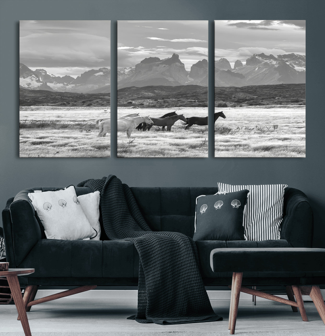 21655040-MGV-CV-36X24-Wild Horses Wall Art Canvas Print, Framed Black White Mountains Art Picture Print, Rustic Countryside Perfect Rustic Western Decor