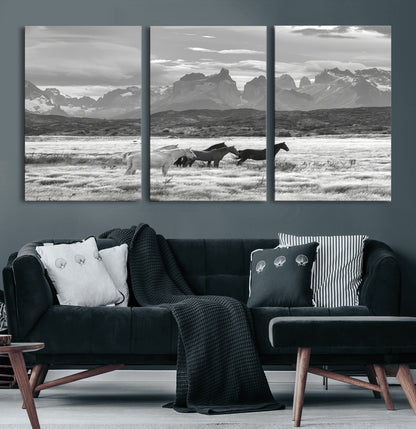 21655040-MGV-CV-36X24-Wild Horses Wall Art Canvas Print, Framed Black White Mountains Art Picture Print, Rustic Countryside Perfect Rustic Western Decor