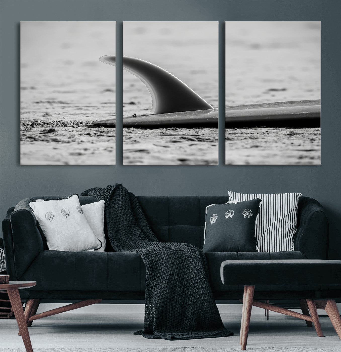 62314230-MGV-CV-60X30-3P-Black White Surfboard Wall Art Canvas Print, Framed Minimalist Beach Art Picture Print, Surf Fin Perfect Minimalist Coastal Decor
