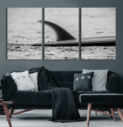 62314230-MGV-CV-60X30-3P-Black White Surfboard Wall Art Canvas Print, Framed Minimalist Beach Art Picture Print, Surf Fin Perfect Minimalist Coastal Decor