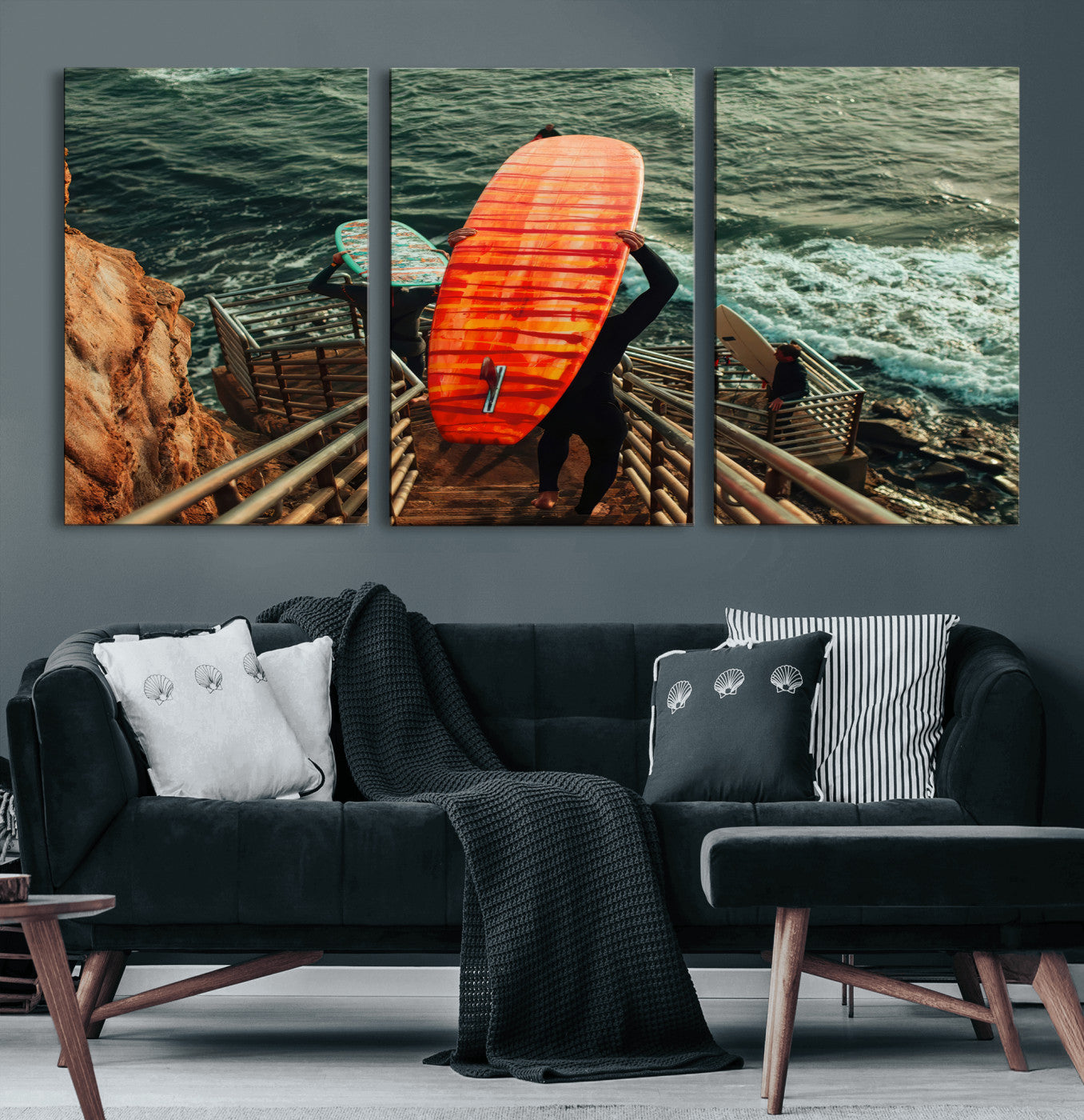 84555848-MGV-CV-36X24-Surfer Stairway Wall Art Canvas Print, Framed Ocean Surf Art Picture Print, Sunset Coastal Perfect Coastal Adventure Decor Artwork