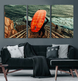 84555848-MGV-CV-36X24-Surfer Stairway Wall Art Canvas Print, Framed Ocean Surf Art Picture Print, Sunset Coastal Perfect Coastal Adventure Decor Artwork