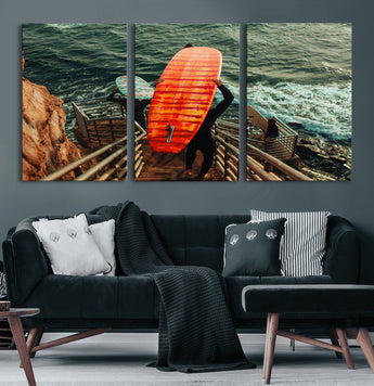 84555848-MGV-CV-36X24-Surfer Stairway Wall Art Canvas Print, Framed Ocean Surf Art Picture Print, Sunset Coastal Perfect Coastal Adventure Decor Artwork