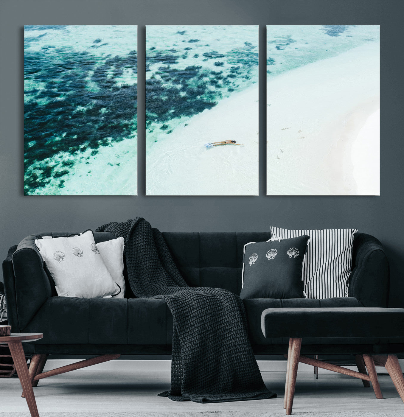 33764764-MGV-CV-36X24-Minimal Beach Wall Art Canvas Print, Framed Ocean Swimming Art Picture Print, Clear Ocean Perfect Minimal Coastal Decor Artwork