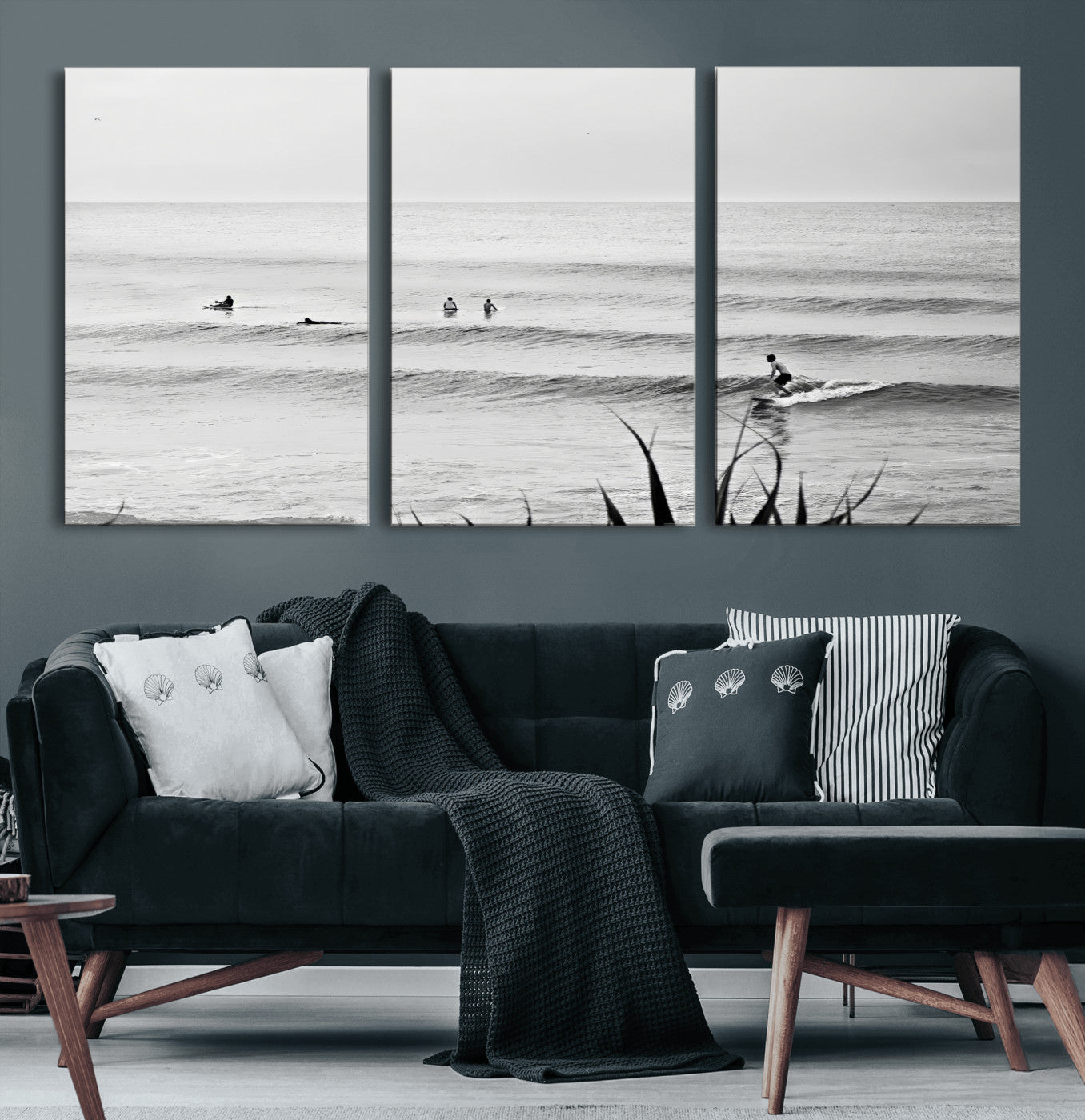 33821421-MGV-CV-36X24-Surfer Silhouette Wall Art Canvas Print, Framed Calm Ocean Art Picture Print, Monochrome Surf Perfect Minimalist Coastal Decor