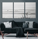 33821421-MGV-CV-36X24-Surfer Silhouette Wall Art Canvas Print, Framed Calm Ocean Art Picture Print, Monochrome Surf Perfect Minimalist Coastal Decor