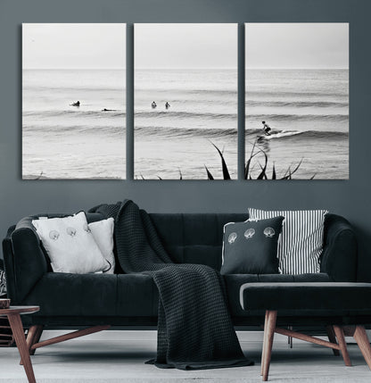 33821421-MGV-CV-36X24-Surfer Silhouette Wall Art Canvas Print, Framed Calm Ocean Art Picture Print, Monochrome Surf Perfect Minimalist Coastal Decor