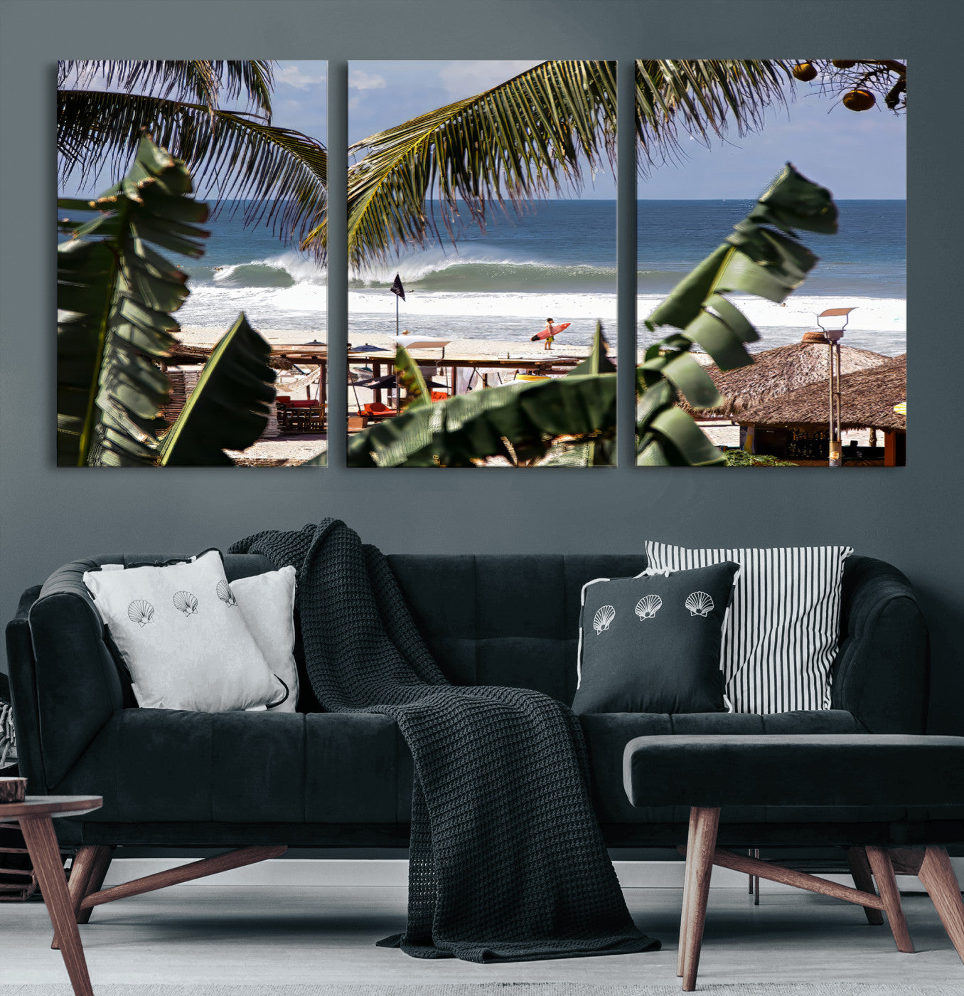 34722557-MGV-CV-36X24-Tropical Shoreline Wall Art Canvas Print, Framed Surfer Beach Art Picture Print, Coastal Surf Perfect Tropical Coastal Decor