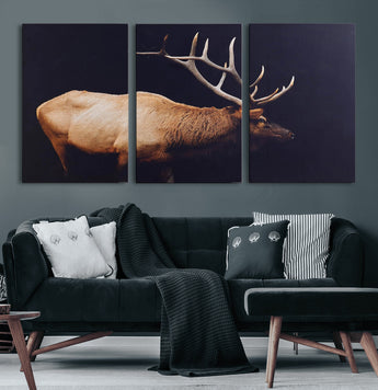 91871131-MGV-CV-60X30-3P-Rustic Elk Art Wall Art Canvas Print, Framed Moody Wildlife Decor Art Picture Print, Western Animal Print Perfect Western Lodge