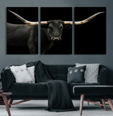 99448328-MGV-CV-60X30-3P-Longhorn Cattle Wall Art Canvas Print, Framed Texas Ranch Art Picture Print, Western Cow Perfect Farmhouse Decor Artwork