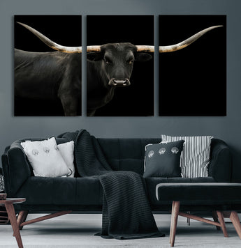 99448328-MGV-CV-60X30-3P-Longhorn Cattle Wall Art Canvas Print, Framed Texas Ranch Art Picture Print, Western Cow Perfect Farmhouse Decor Artwork