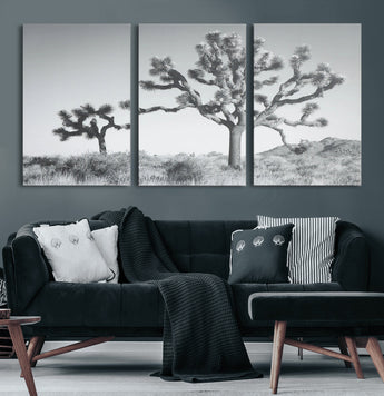 29996209-MGV-CV-60X30-3P-Joshua Tree Art Wall Art Canvas Print, Framed Black White Landscape Art Picture Print, Desert Tree Decor Perfect Southwestern Boho