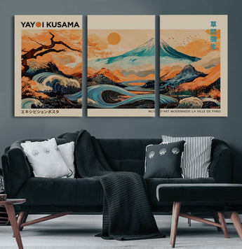 22373530-MGV-CV-60X30-3P-Japanese Mt Fuji Wave Art Print – Ukiyo e Inspired Sun & Cherry Blossom Poster, Traditional Asian Landscape Painting, Modern