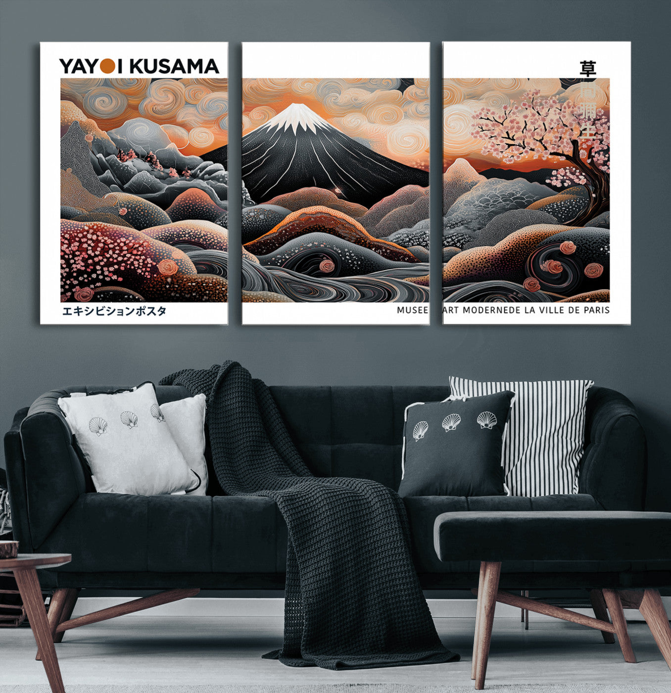 63125329-MGV-CV-60X30-3P-Japanese Mt Fuji Wall Art – Surreal Ukiyo e Style Cherry Blossom Poster, Swirling Cloud Landscape Print, Modern Oriental Asian