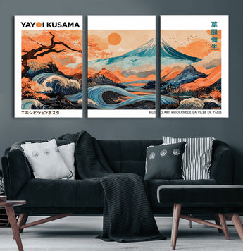 88785870-MGV-CV-60X30-3P-Japanese Great Wave & Mt Fuji Wall Art – Ukiyo e Style Landscape Print with Flowing River, Autumn Mountain Poster, Oriental Asian