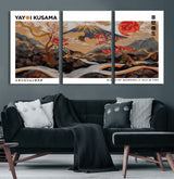 40959107-MGV-CV-60X30-3P-Japanese Fuji Wall Art Print – Red Sun & Cherry Blossom Poster, Gold Wave Ukiyo-e Inspired Modern Japan Landscape Painting,