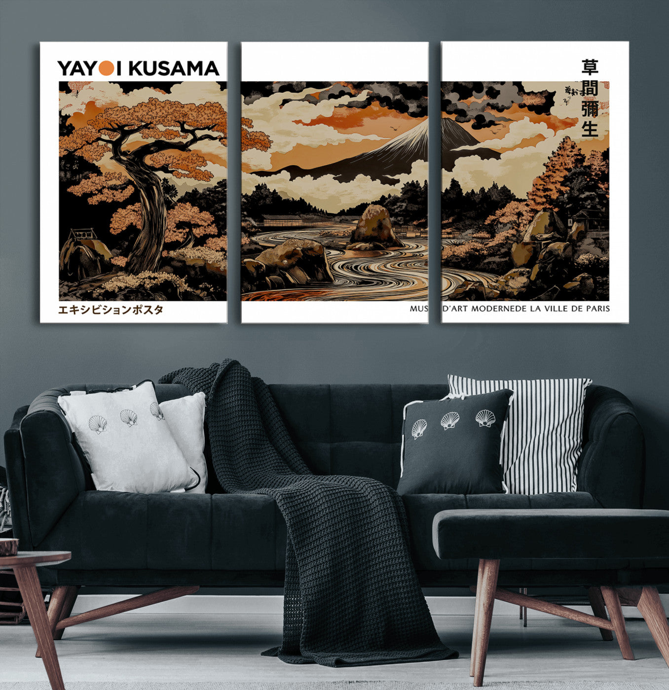 96372548-MGV-CV-60X30-3P-Japanese Landscape Wall Art Print – Mt. Fuji Poster with Bonsai Tree & River, Ukiyo-e Inspired Modern Japanese Artwork, Autumn