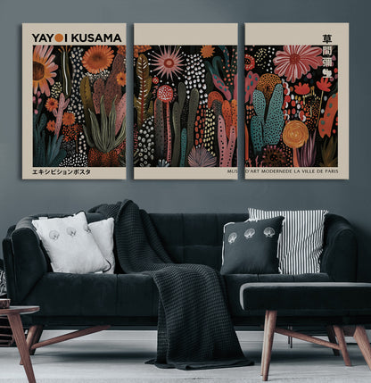 28344895-MGV-CV-60X30-3P-Dark Floral Abstract Wall Art Poster – Modern Botanical Canvas Print with Beige Border, Kusama Inspired Boho Flower Painting,